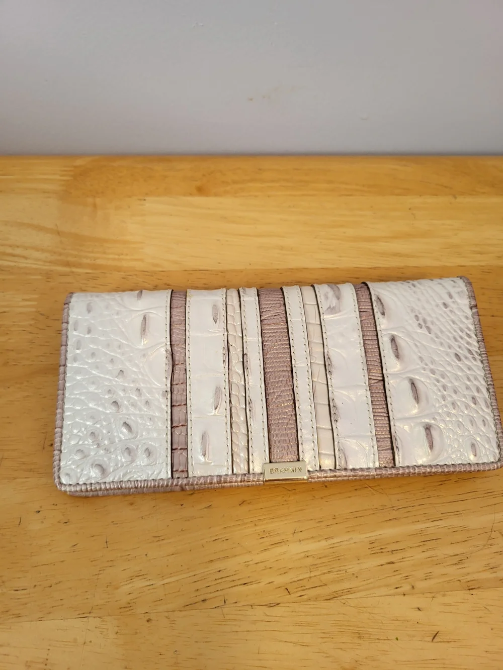 Brahmin Ivory and Tan Croc-Embossed Continental Wallet
